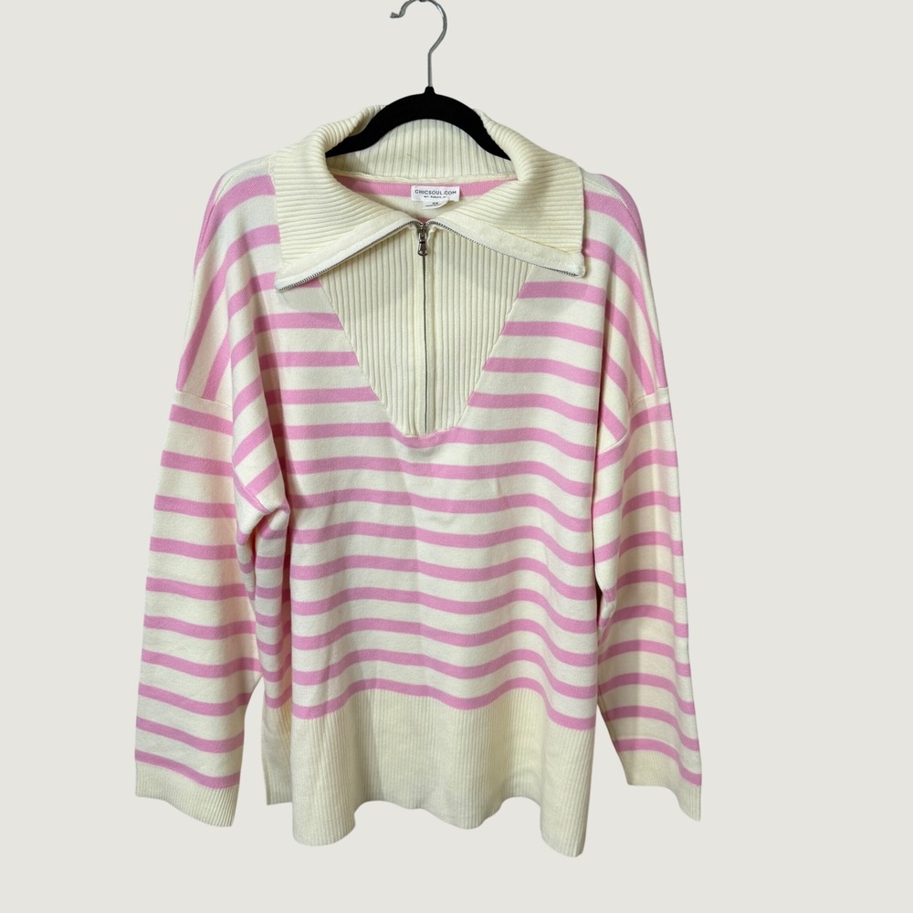 Chic Soul Striped Quarter Zip Sweater Pink Cream 3X Cozy Preppy Fall Layering